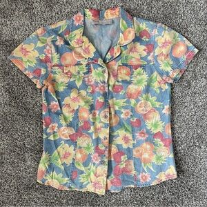 Sag Harbor vintage 90s floral and fruit print chambray blouse top